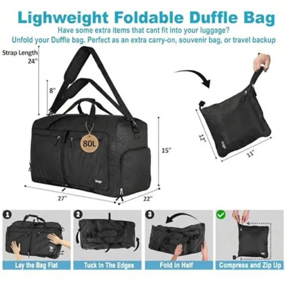 Large Travel Duffel Bag 80L Foldable Lightweight Waterproof Weekender Sports Bag